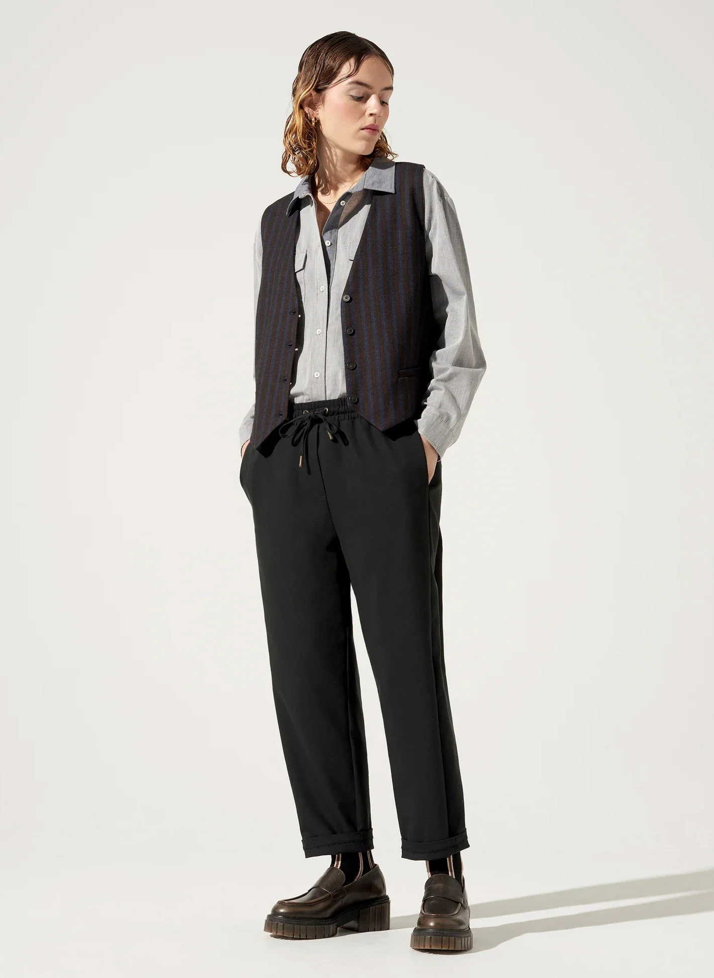 JON - Pantalon large en coton mélangé | Noir