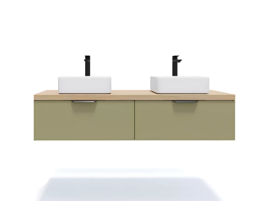 Meuble de salle de bain suspendu 2 vasques à poser 140cm 2 tiroirs Vert olive - Soho