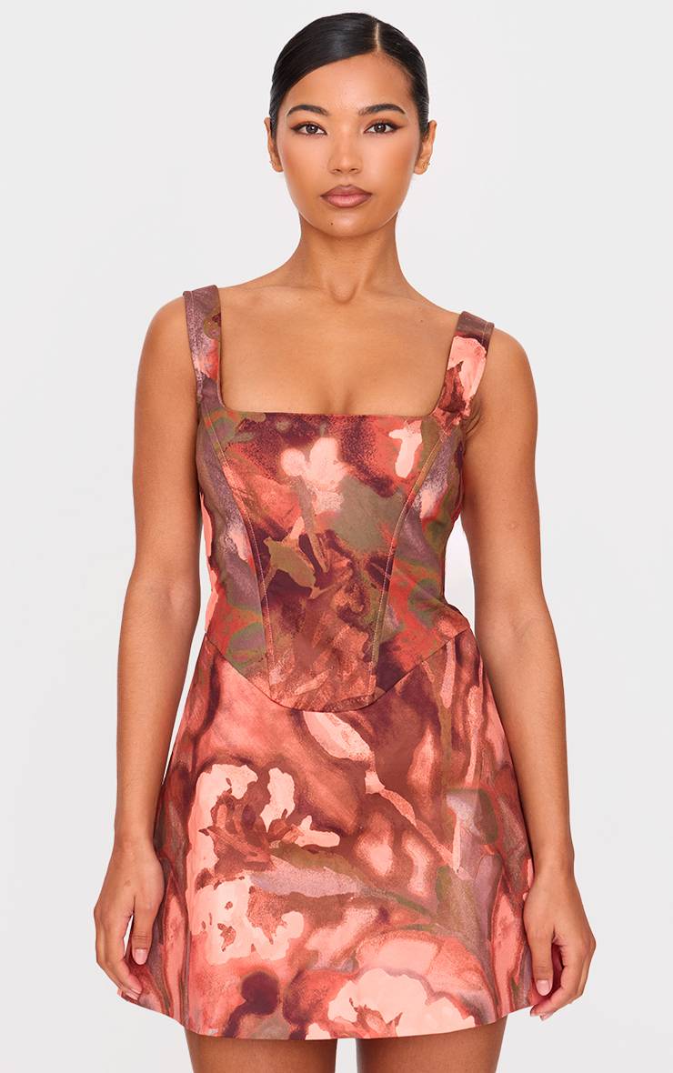 Marron Robe Trapèze Corsetée À Imprimé Floral