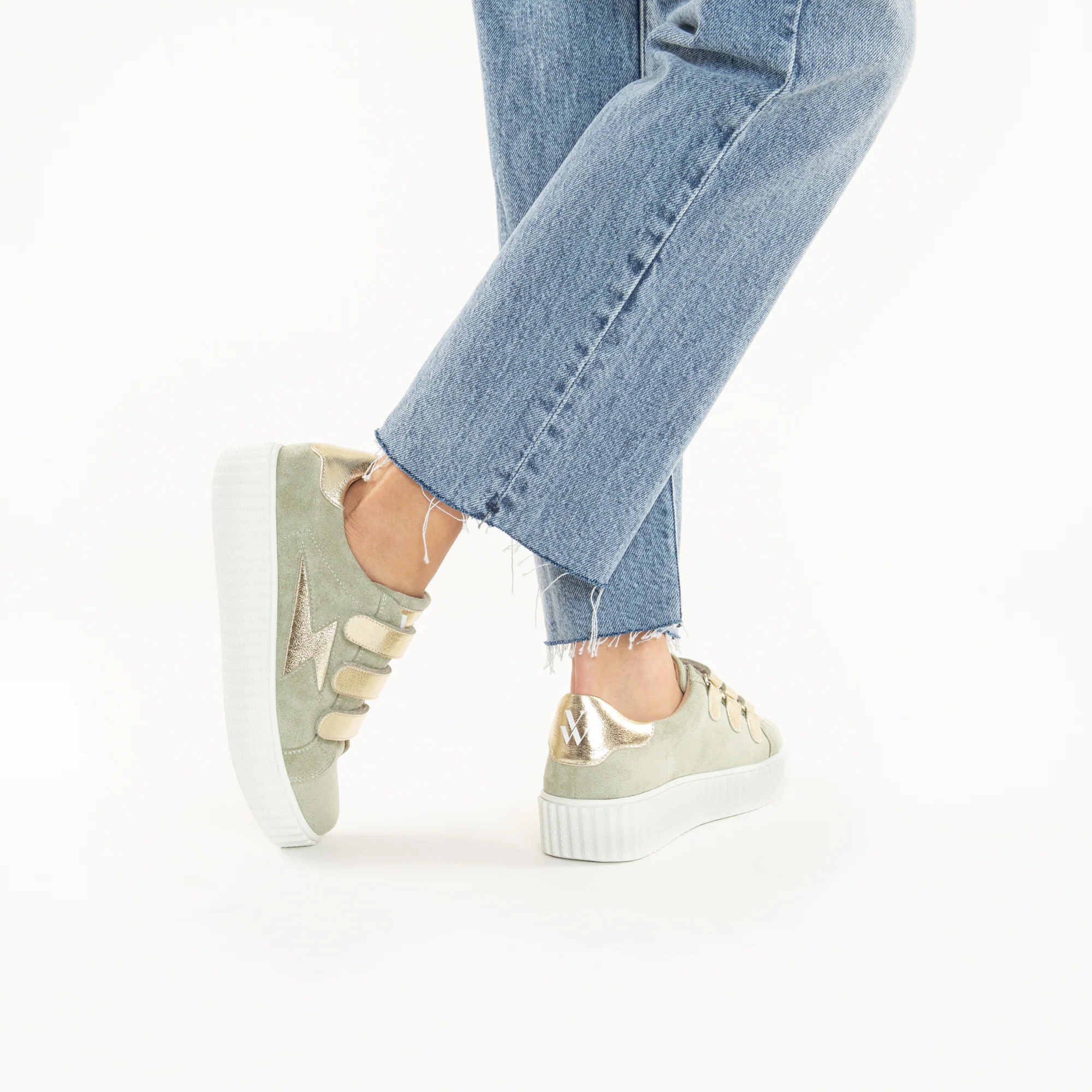 Sneakers-Baskets éclair Marilou vert pâle à scratchs champagne