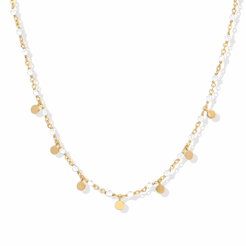Collier Argent Doré Petites Perles Pampilles Et Pierre De Lune Blanche