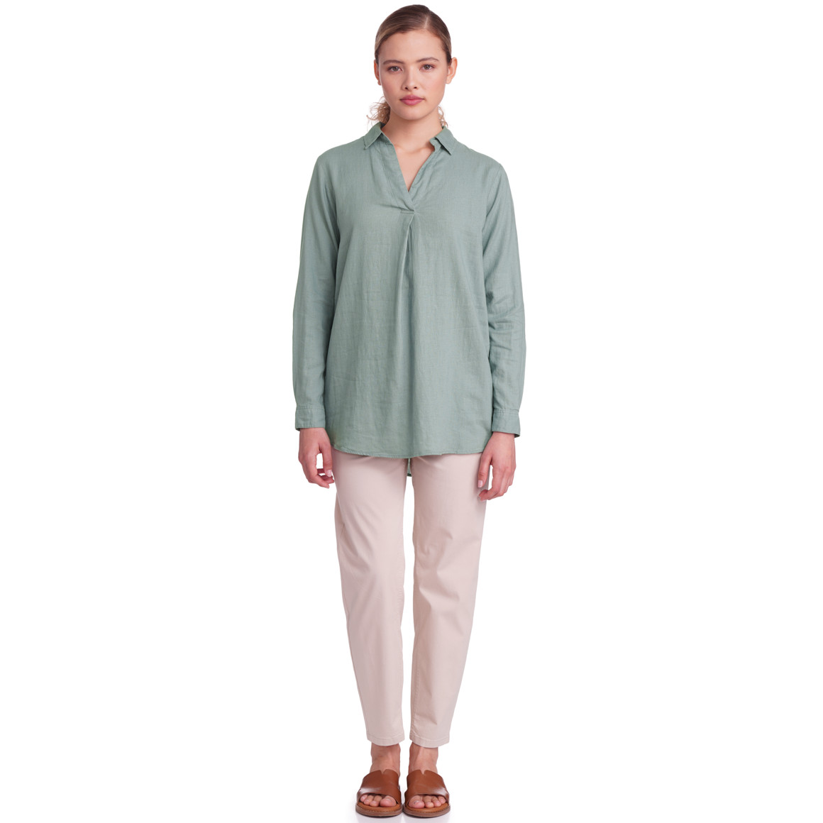 Gina Damen Leinen-Bluse mit V-Ausschnitt dunkelgrün