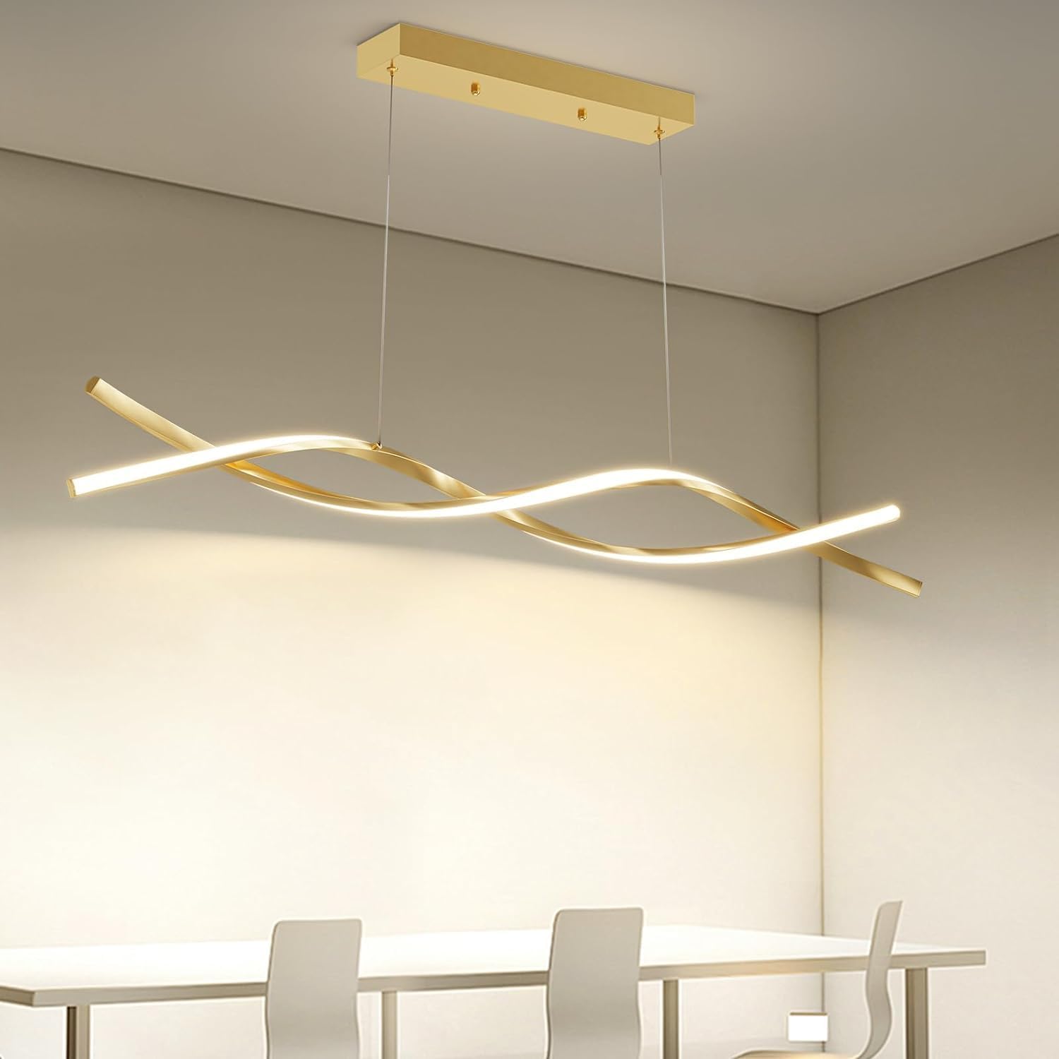 Mikeru LED Pendelleuchte esszimmer, 36W 100cm Moderne Kücheninsel Leuchten, Lineare Hängelampe Dimmbar mit Fernbedienung, Höhe 150cm einstellbar 10%-100% Einstellung der Farbtemperatur, Gold
