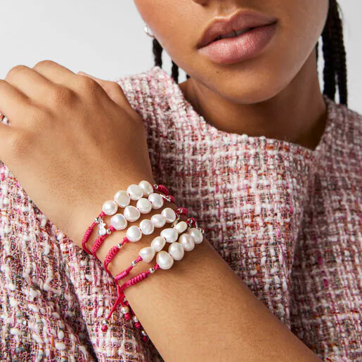 Pulseira TOUS Pearls com cordão fúcsia, prata e pérolas