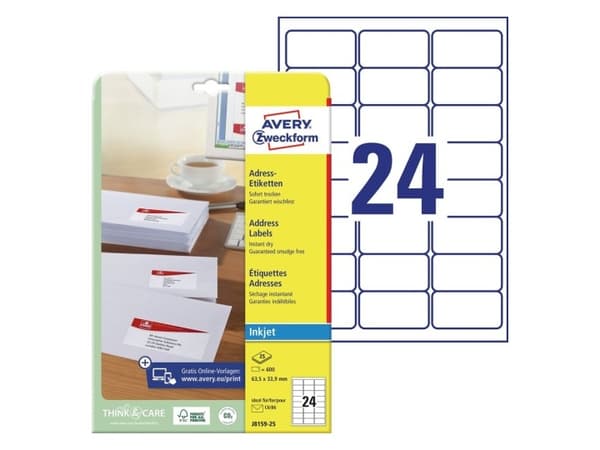 Avery - 33.9 x 64 mm 600 stk (25 ark x 24) adresselapper