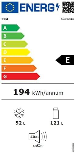 PKM Kühl-Gefrierkombination KG220EIX | 121L Kühlteil+52L Gefrierteil | 4****Gefrierfach | Leiser Betrieb 40dB | Sparsame LED-Innenbeleuchtung | Energieverbrauch 194kWh/Jahr |INOX Design
