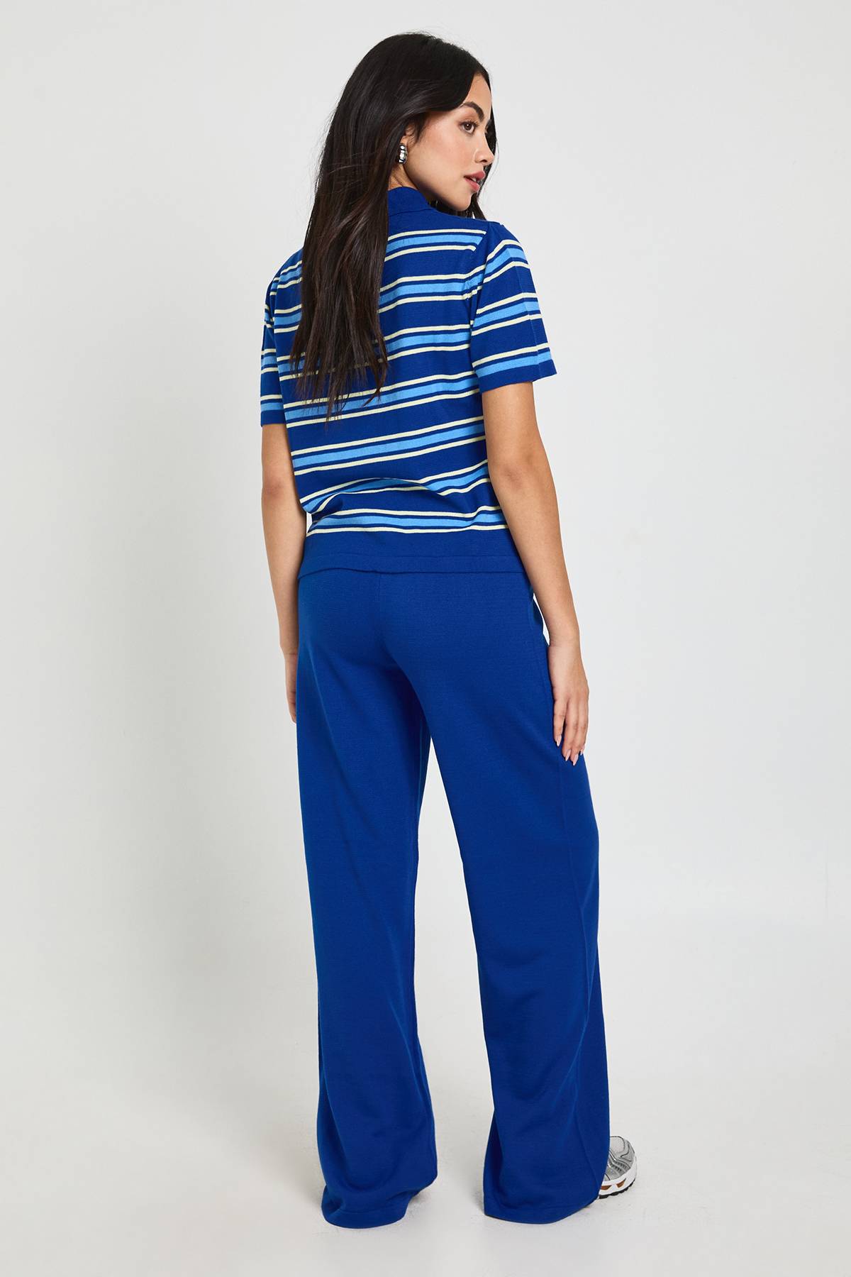 boohoo Ensemble Maille Rayé Col Patte de Boutonnage Manches Courtes Haut et Pantalon