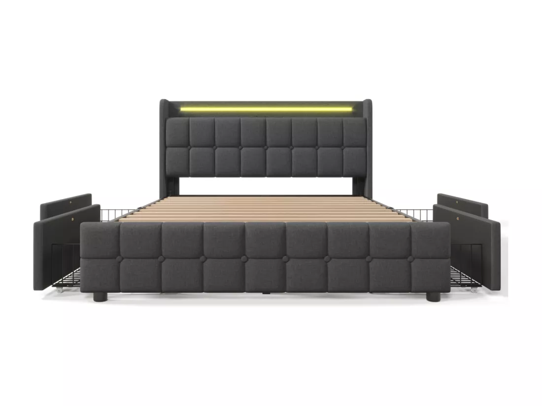 Lit 160x200cm avec tiroirs, Lit double capitonné avec rangement, éclairage LED, 2 chargeurs USB, lit adulte, sommier à lattes, gris