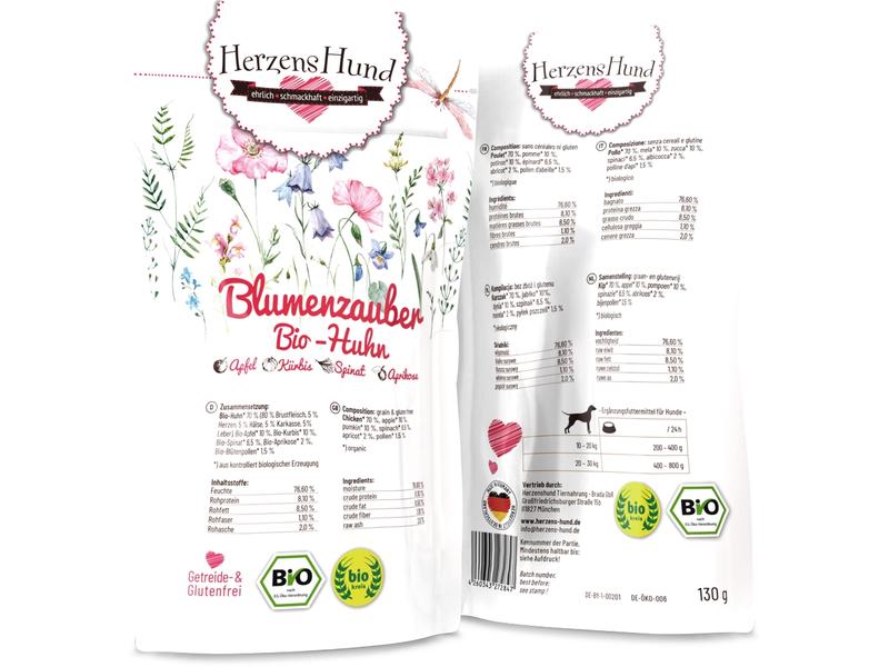 HerzensHund Nassfutter Blumenzauber Bio-Huhn, 130 g Premium Bio-Ergänzungsfuttermittel für erwachsene Hunde