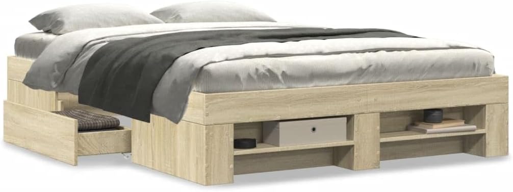 IKAYAA Bett 140x190 mit schubladen Bettgestell 140x190 mit stauraum ohne kopfteil Stauraumbett Bettgestell mit Lattenrost -Sonoma Eiche-140 x 190 cm