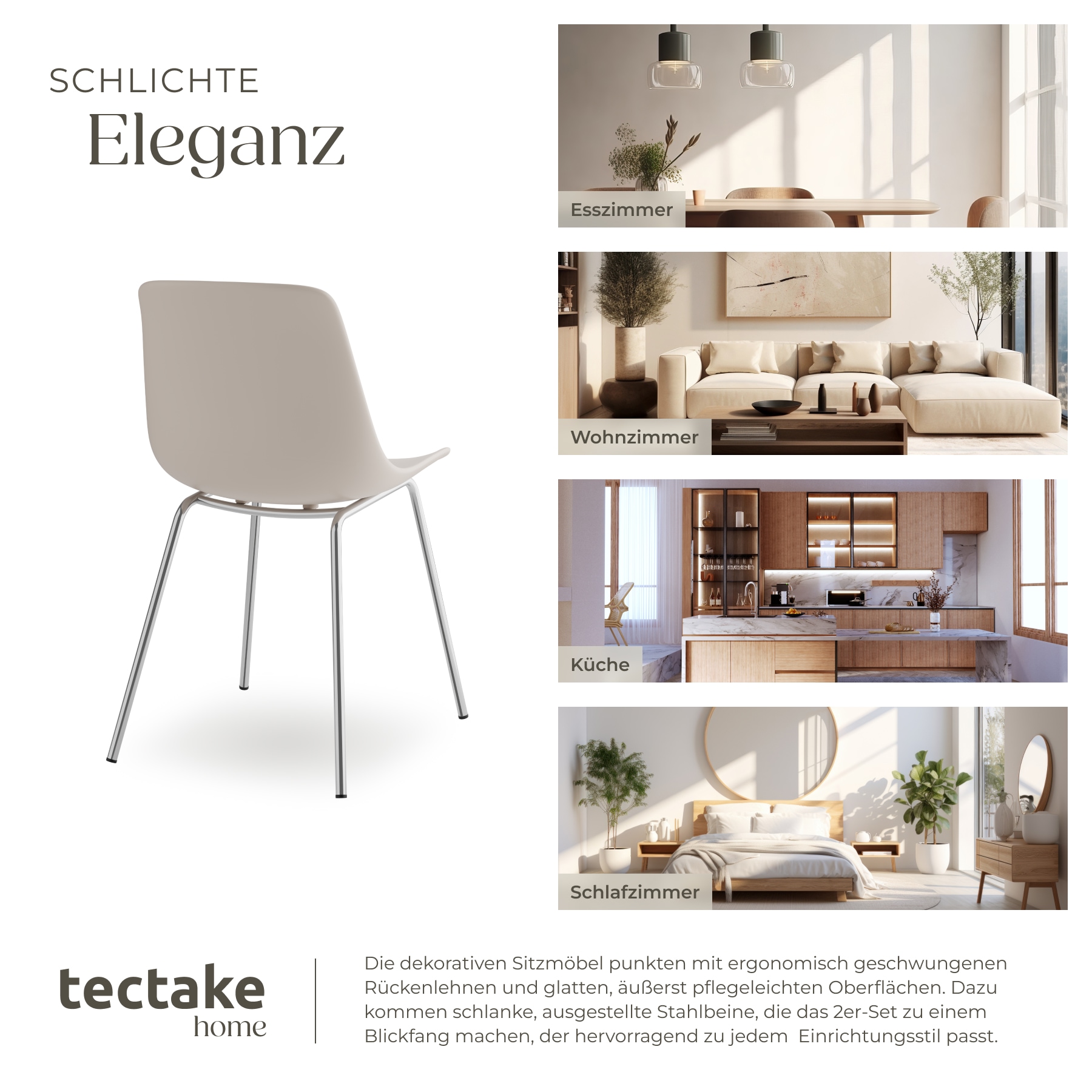 tectake® Kunststoffstuhl, große Kunststoffschale, schlanke Stahlbeine, 46 x 55 x 80,5 cm