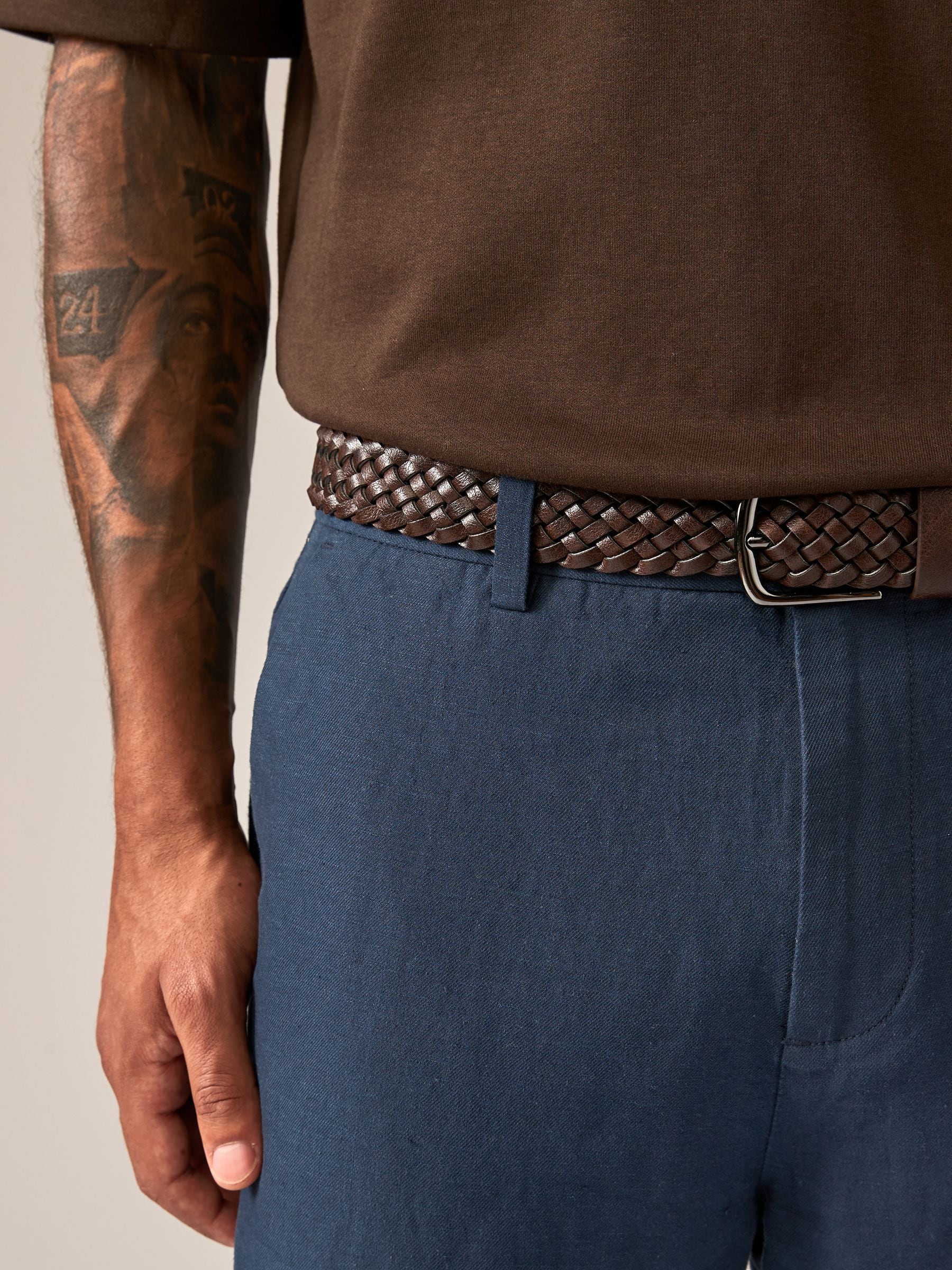 Donkerblauw - Regular fit linnen-katoenmix broek met ceintuur