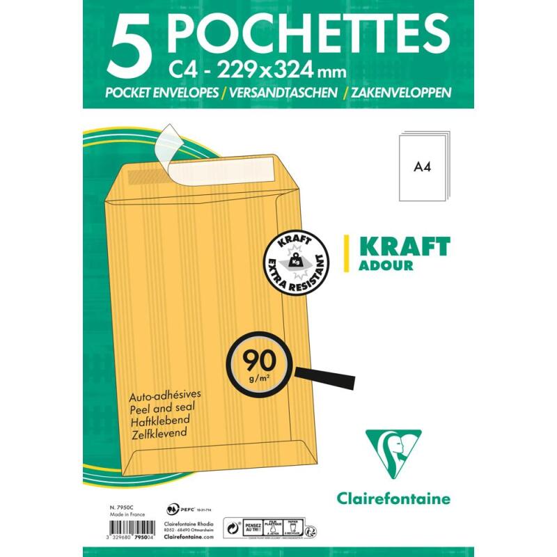 Paquet de 5 Pochettes Kraft Adour Brun C4-229x324mm - Auto-Adhésives - 90g/m2 - Brun