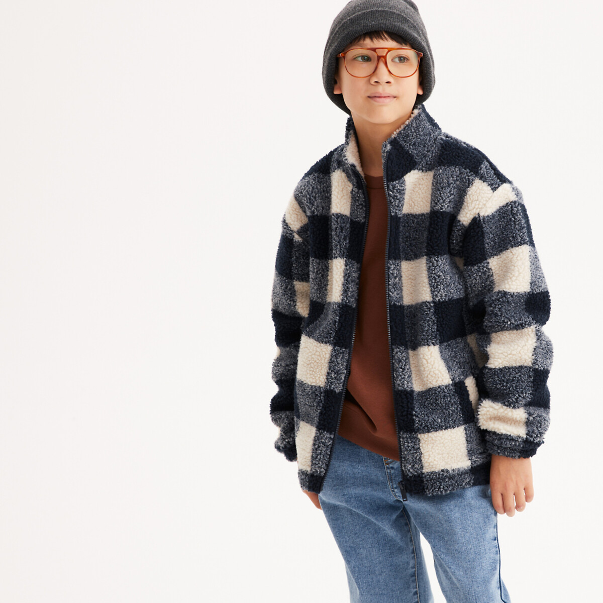 COLEÇÕES LA REDOUTE<br>Suéter xadrez com gola alta e zíper, em sherpa