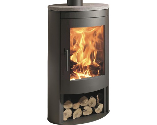 Panadero Oval 1 stalen zwarte houtkachel, 8,7 kW, met natuurstenen afdekking en houtvak
