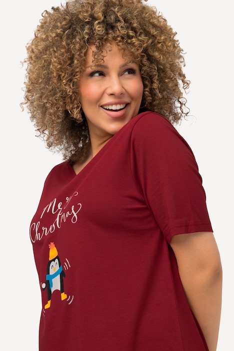 Weihnachts-Shirt, Pinguin, A-Linie, V-Ausschnitt, Halbarm