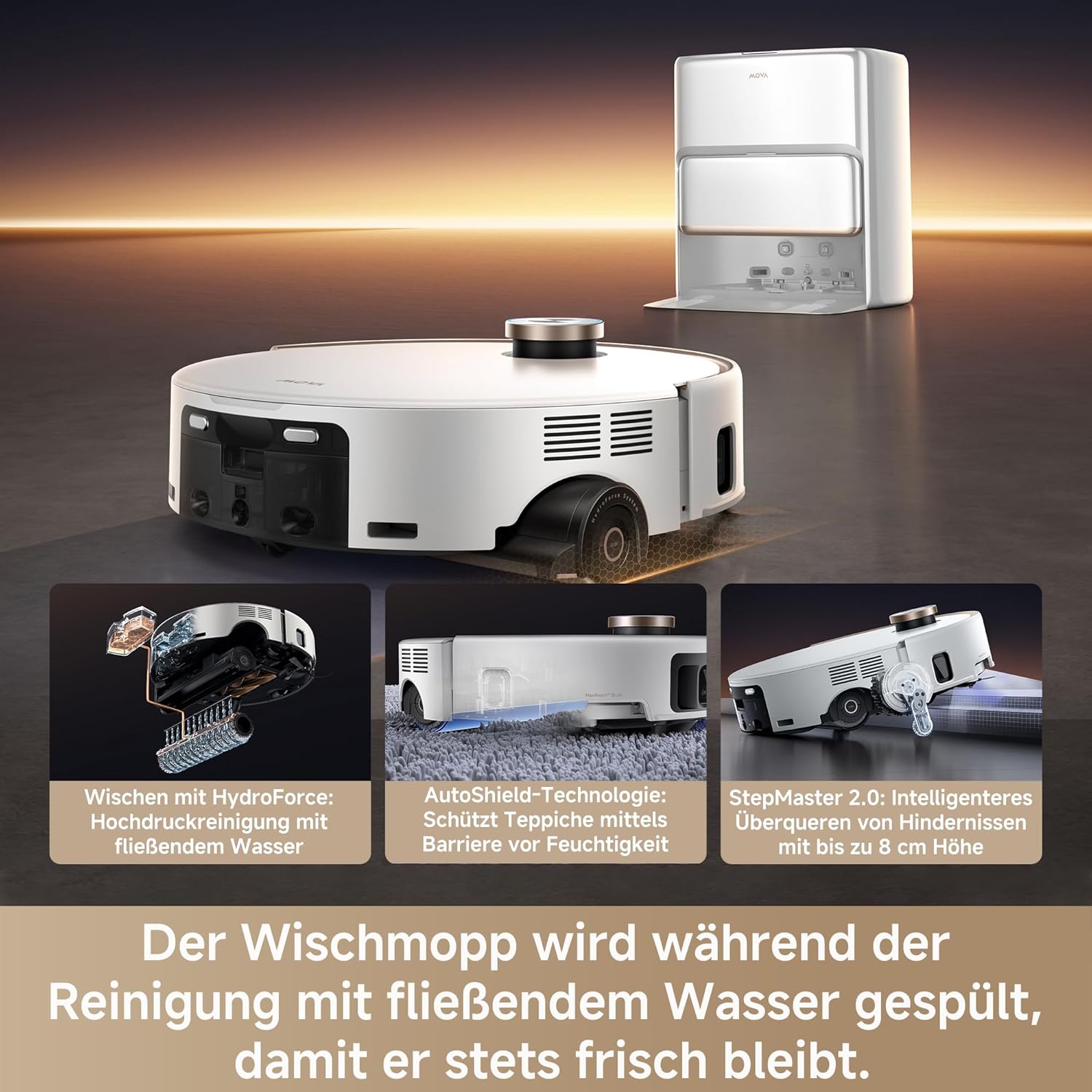 MOVA Z60 Ultra Roller Complete Saugroboter mit Wischfunktion, HydroForce-Wischen, AutoShield-Technologie, LiftPro-Gehäuse und StepMaster 2.0-System, 28.000 Pa Saugkraft, Wischen mit DuoSolution-System