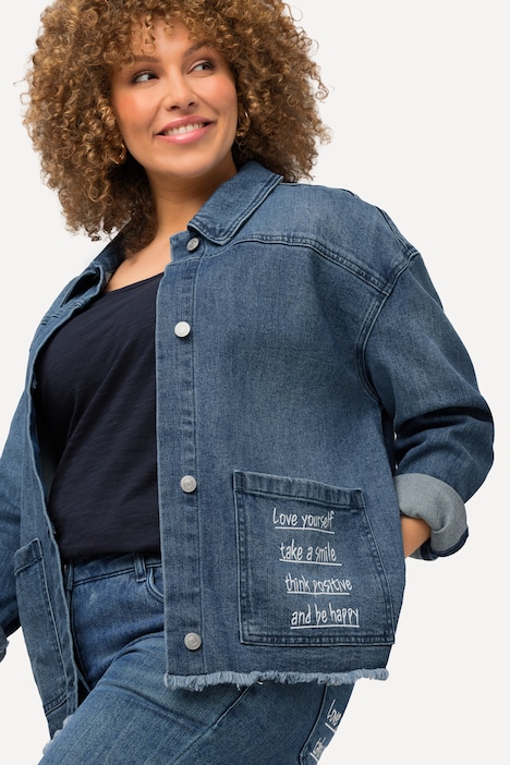 Jeansjacke, Schriftdruck, Oversized, Fransen, Hemdkragen