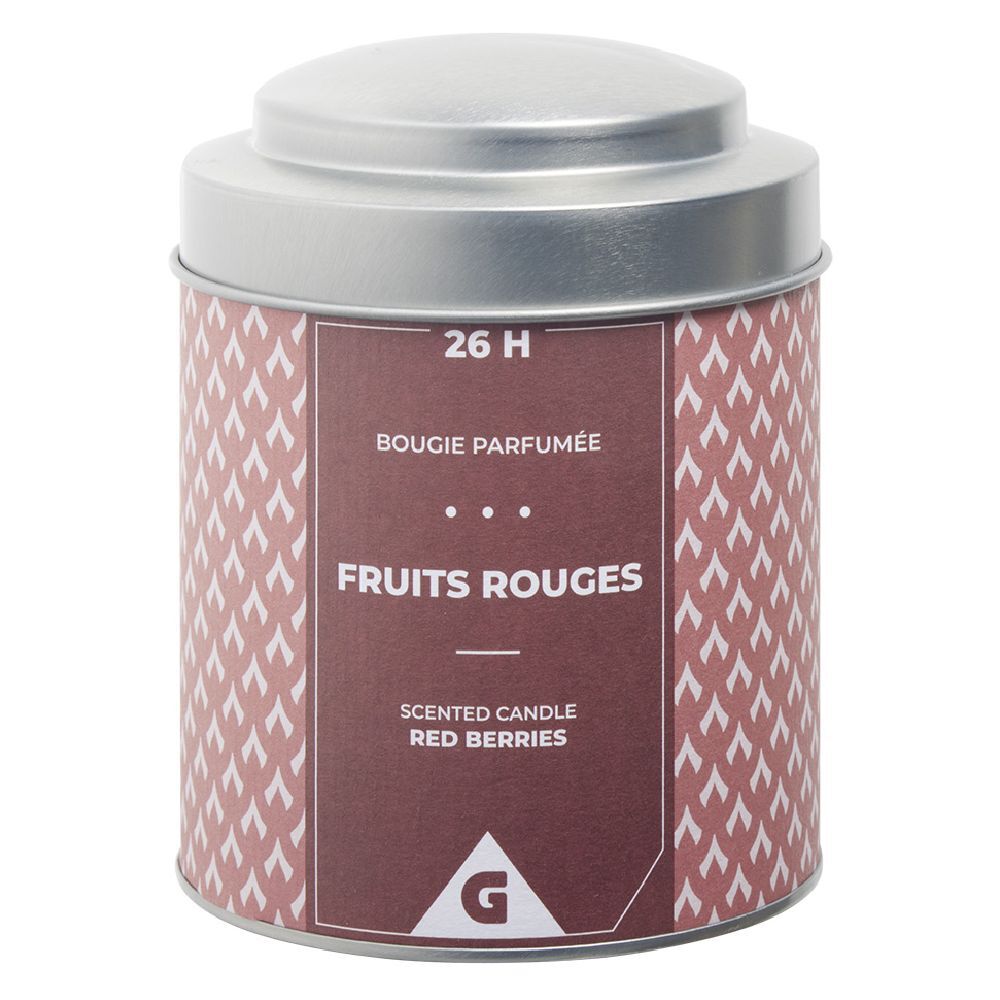 Bougie parfumée dans pot métal gris et rouge senteur fruits rouges 26H