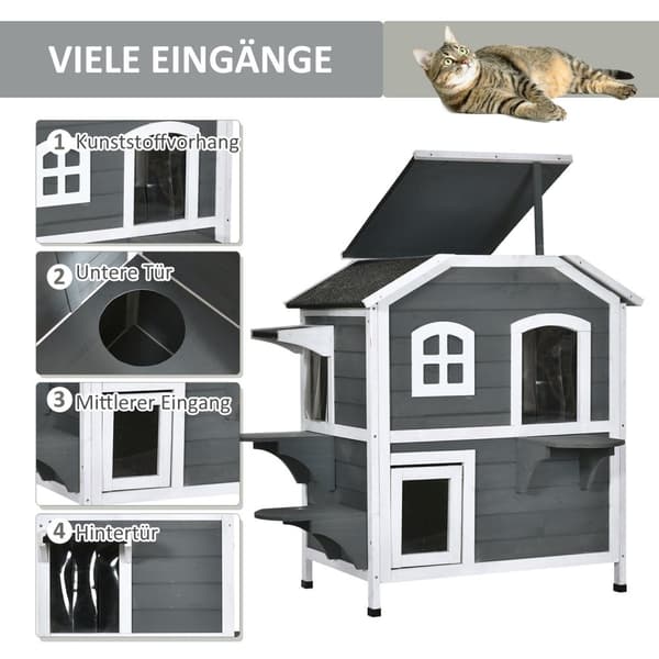 Kattehus Med Asfalttak Værbestandig Utendørs Kattehus Med Trapper, 2 Plan, Grantre, Grå, 78X55,5X91Cm