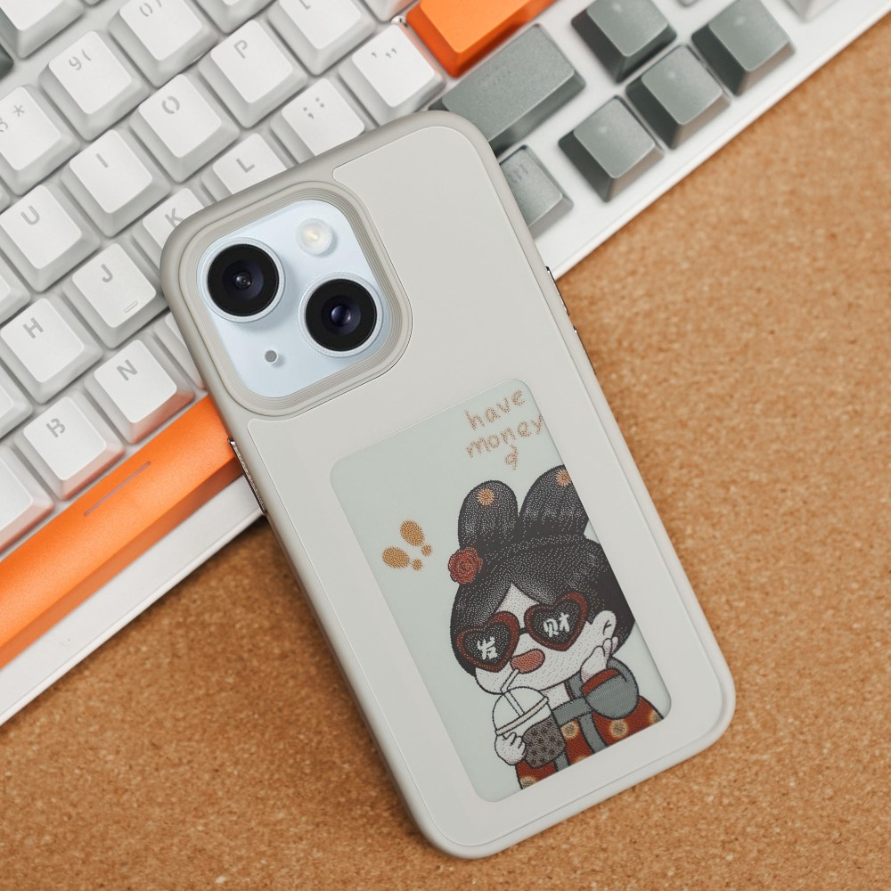 iPhone 15 Hybrid Hülle TPU Bumper mit Acryl Rückseite   DIY E-Ink Display mit NFC Technologie - Grau