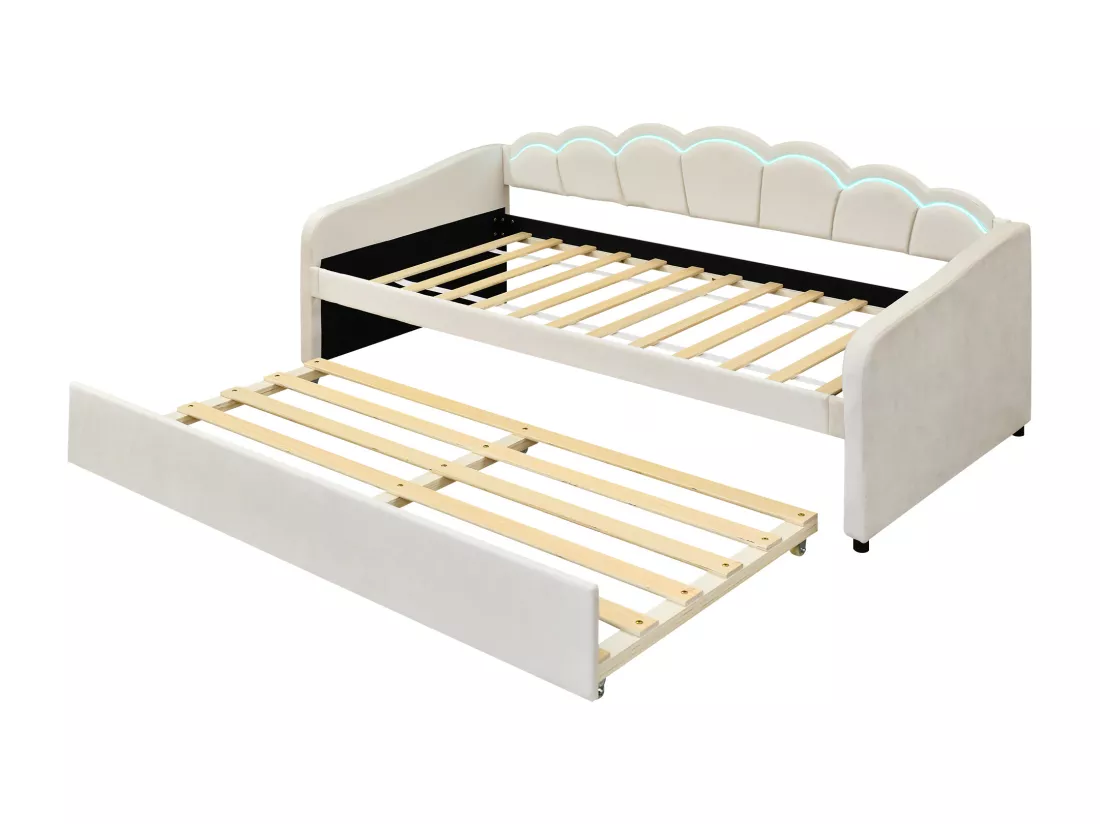 Lit gigogne 90 x 200 cm + lit 90 x 190 cm, canapé-lit - velours - LEDs - coloris beige (sans matelas)
