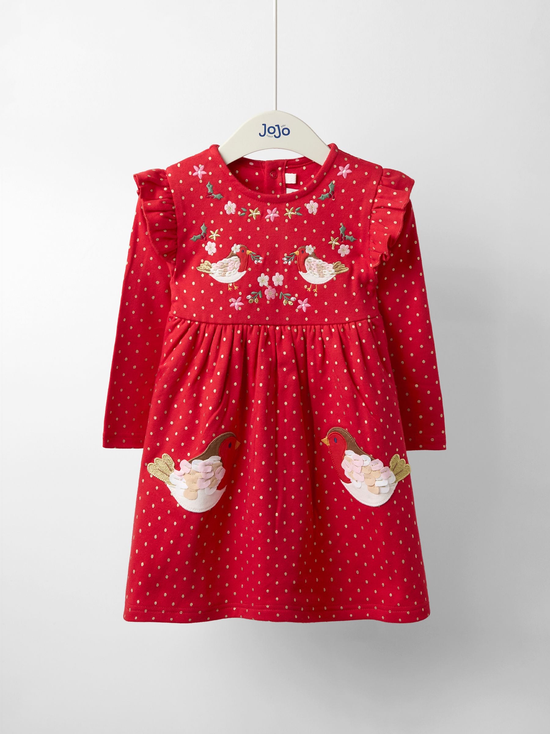 Rood met roodborstje - JoJo Maman Bébé Kerstmis jurk met schouderruches en appliqué