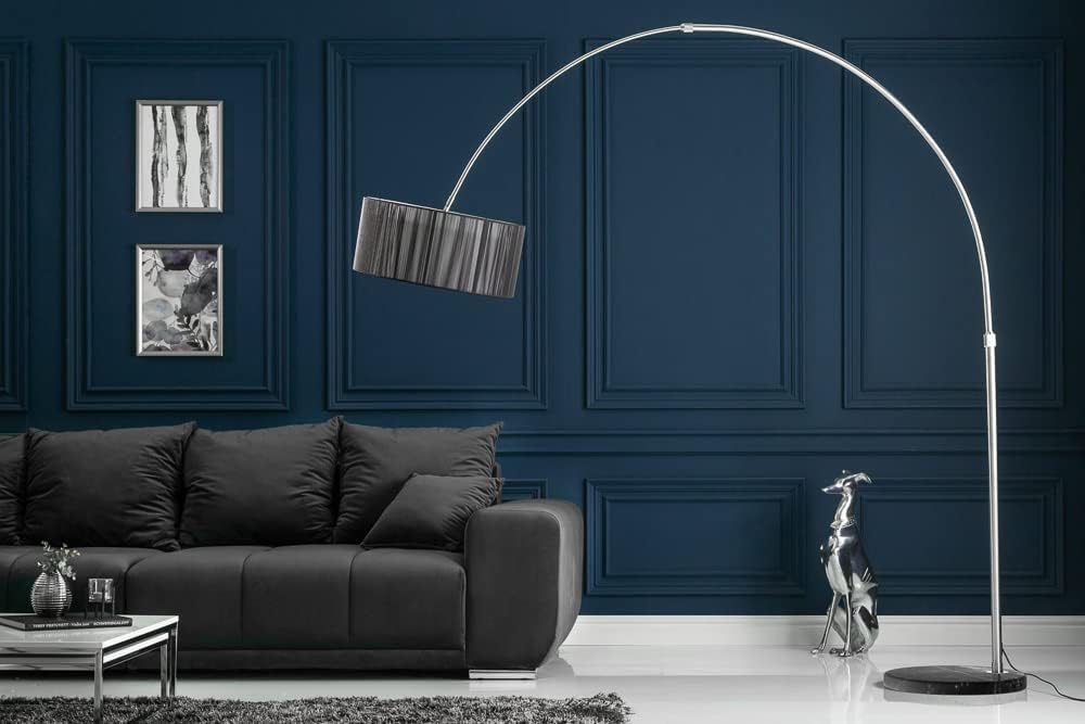 invicta INTERIOR Design Bogenleuchte EXTENSO Stoffschirm in schwarz Stehleuchte mit schwarzem Marmorfuß Bogenlampe Wohnzimmer Beleuchtung