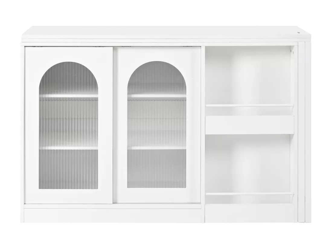 Ilot central de cuisine - avec plateau escamotable pivotante - avec portes vitrées et espace de rangement - MDF - Blanc