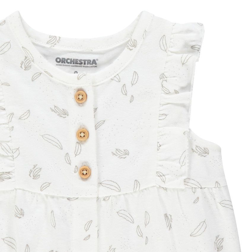 Combinaison courte en coton bio imprimée plumes - Ecru