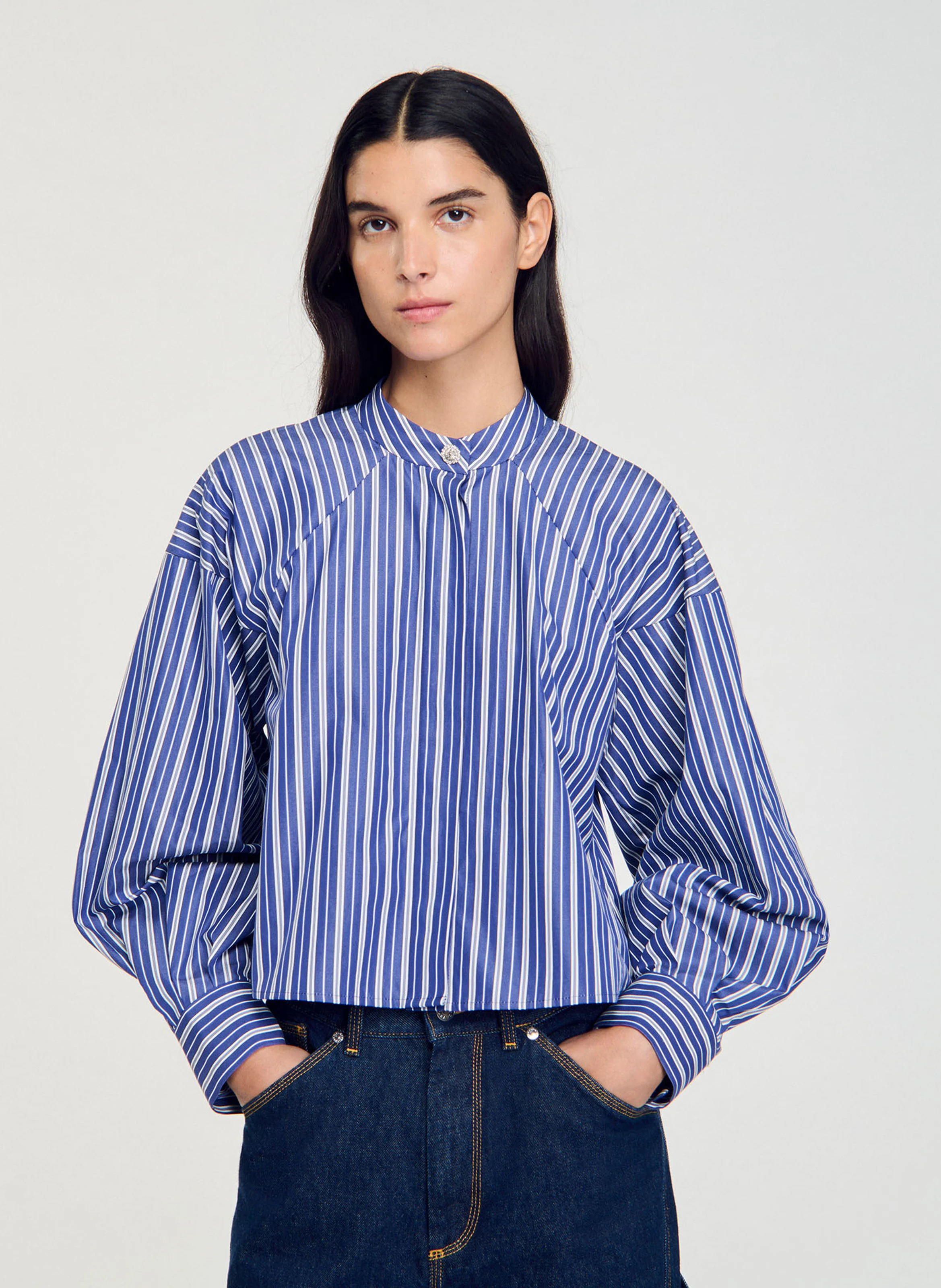 Chemise col rond en coton | Bleu