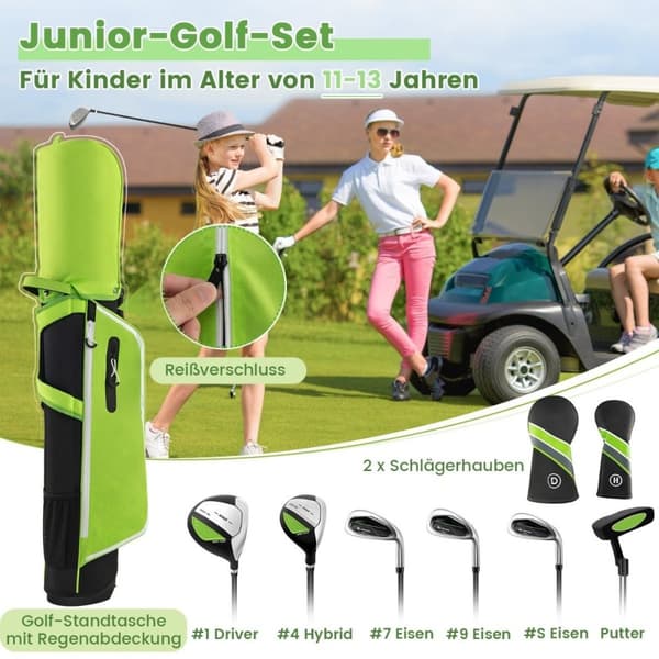 6-delt barnegolfkøllesett med golfbag og regntrekk for barn i alderen 11-13 år green