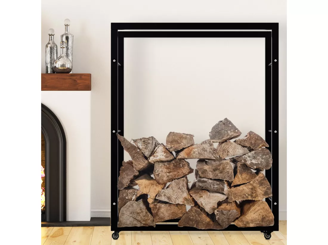 Etagère bois de cheminée - Métal - 25x100x125 cm - Noir - Keri