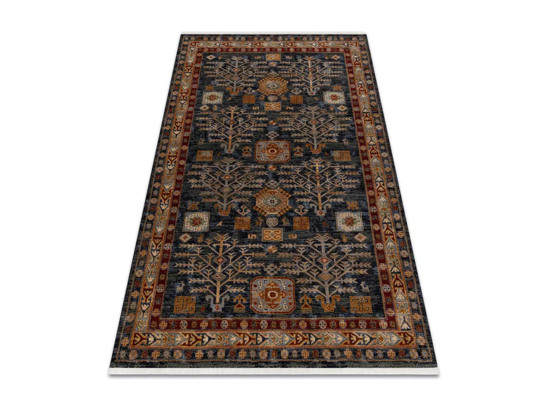 Tapis KESHAN franges Cadre oriental 6174/53511 bleu foncé / bordeaux 120x145 cm