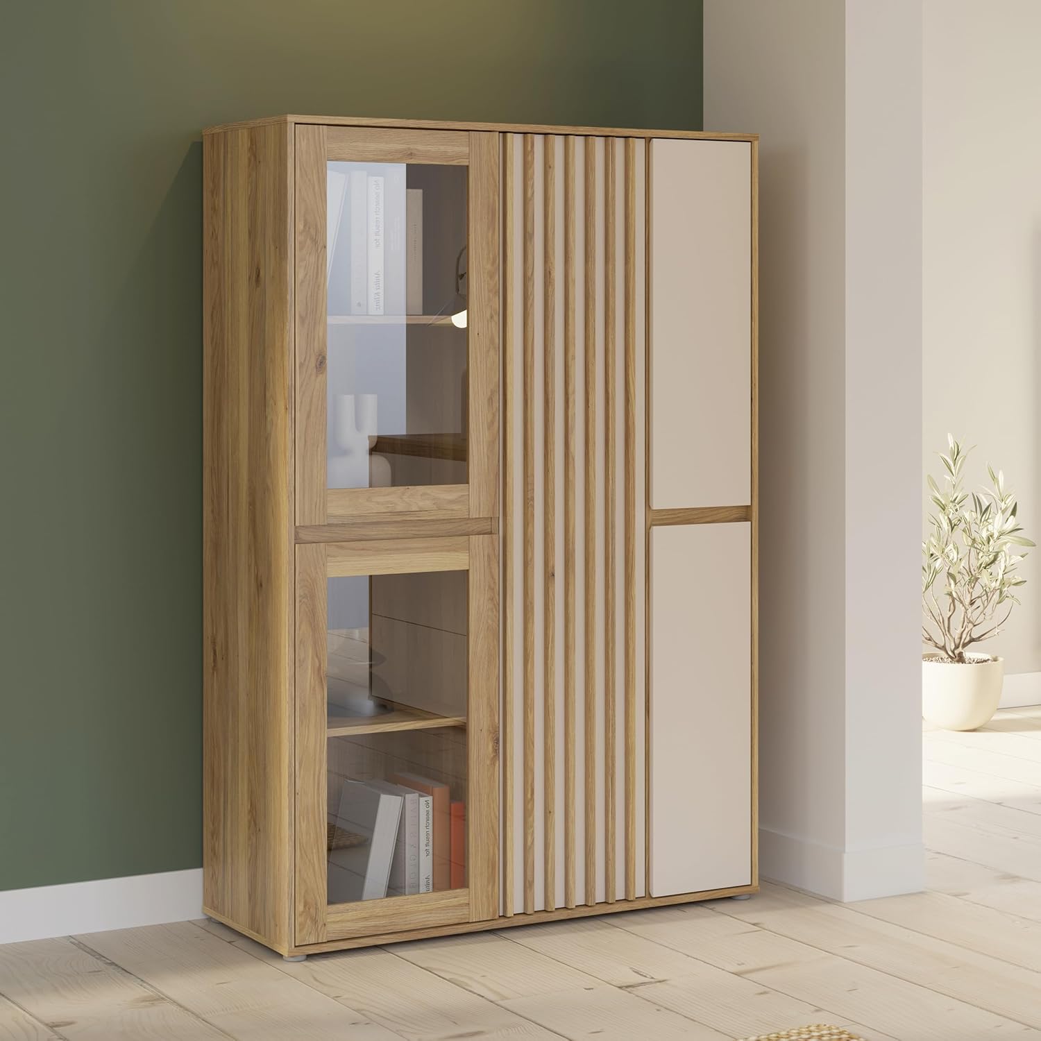 Forte ELISTON Vitrine 100 110, moderner Schrank mit Lamellendesign, 5-türig, Wohn-/Schlafzimmer, Mauvella Eiche Holzdekor|Kashmir Beige, 109,3 cm breit x 161,7 cm hoch x 41,5 cm tief