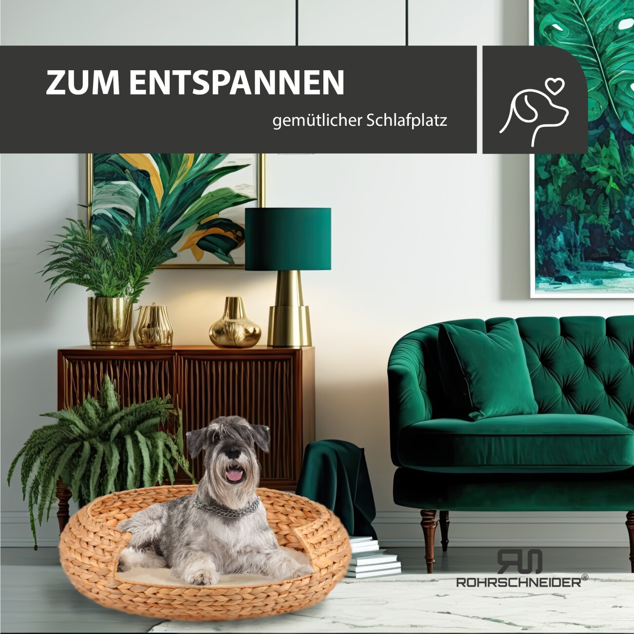 Rohrschneider ® runder Hundekorb aus geflochtener Wasserhyazinthe, Hundesofa für kleine, mittelgroße und große Hunde