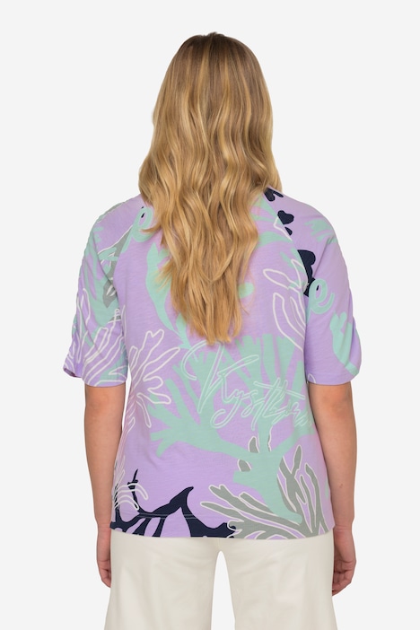 T-Shirt, Korallen-Print, Rundhals, Halbarm mit Raffung