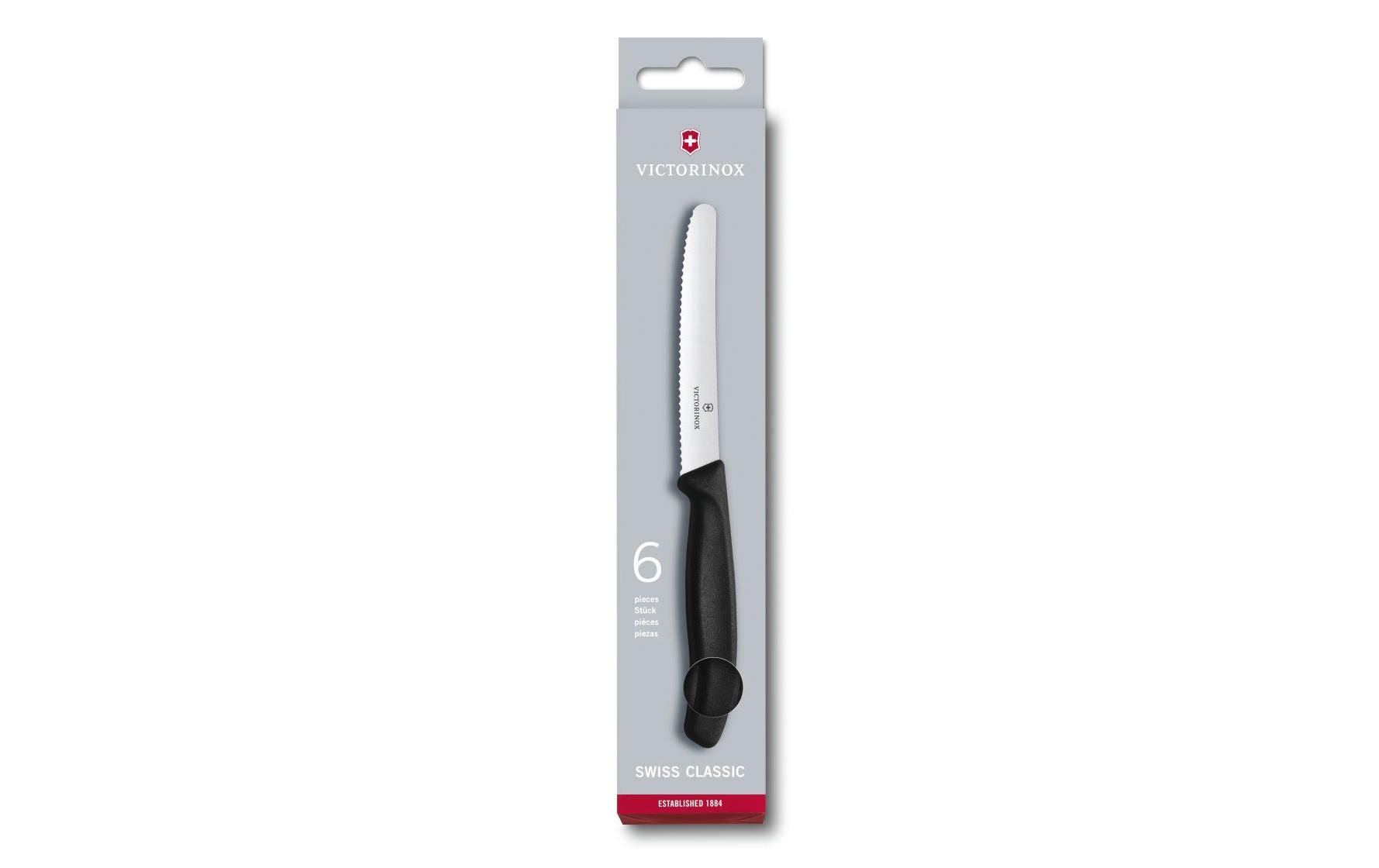 Tafelmesser Swiss Classic 6 Stück, SchwarzTomatenmesser oder Tafelmesser mit Wellenschliff-Klingen
