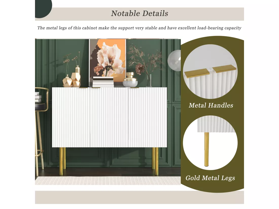 Buffet moderne avec 3 portes - 120 x 42 x 93 cm - MDF - Etagères réglables et pieds en métal - Blanc