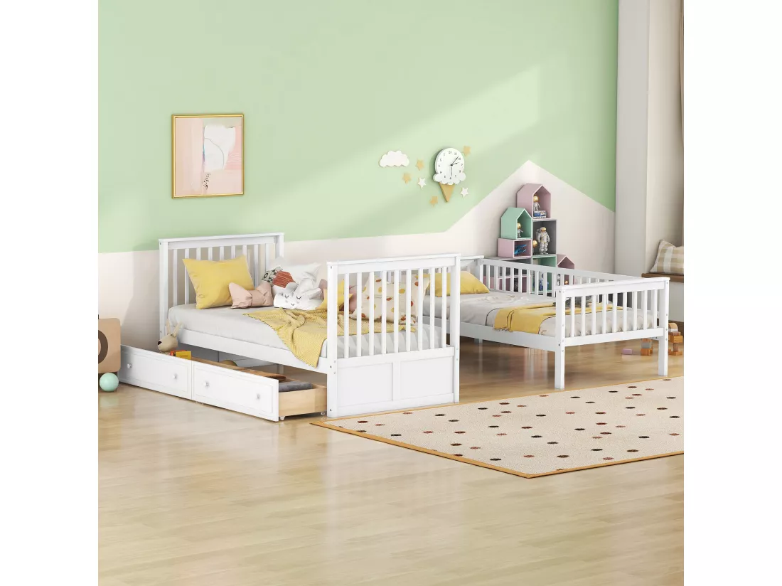Lit Mezzanine Enfant 90 X 200 cm En Pin - Lits Superposés Avec 2 Tiroirs - Blanc
