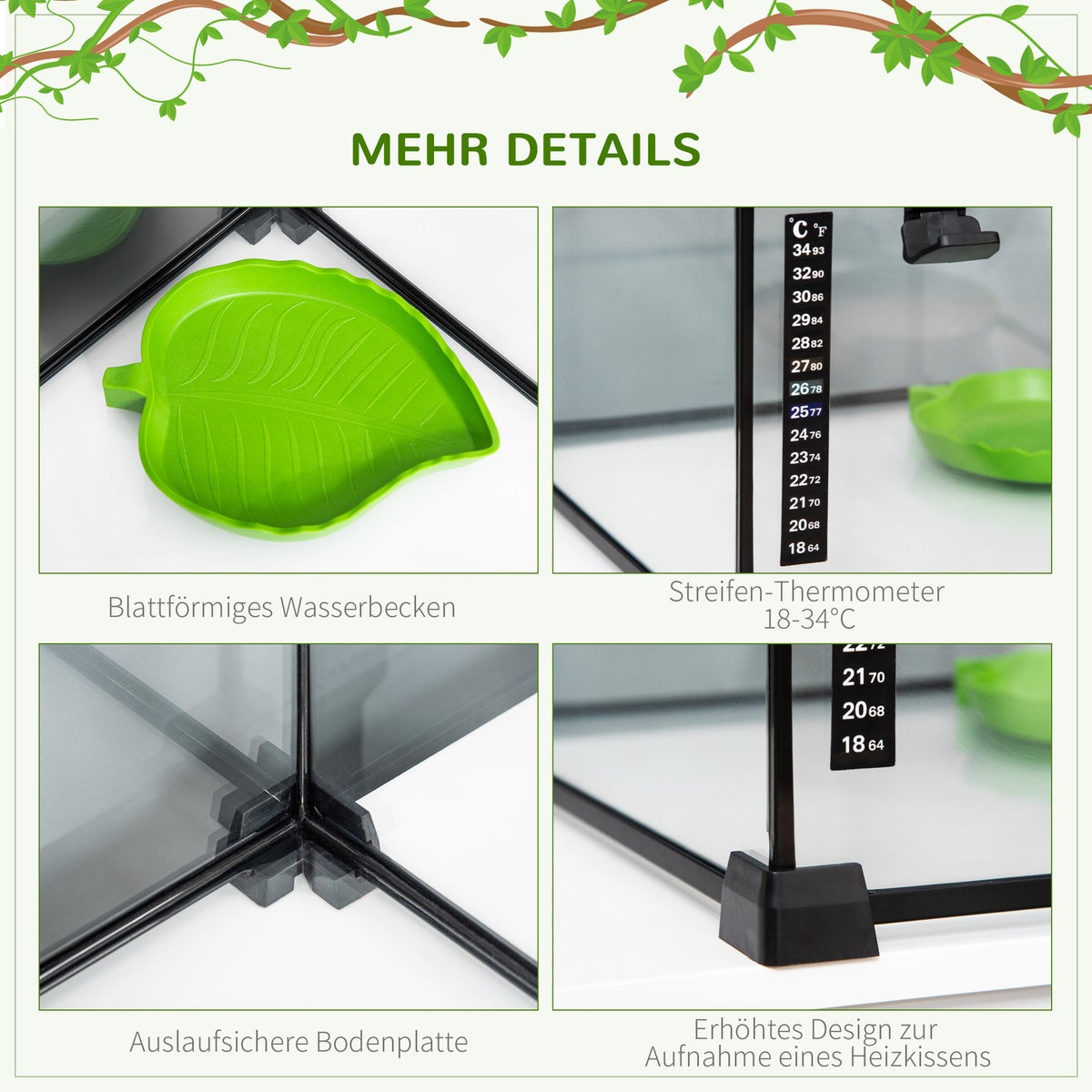 PawHut Reptielenbox, 50L x 30B x 35H cm, glas, metaal, zwart