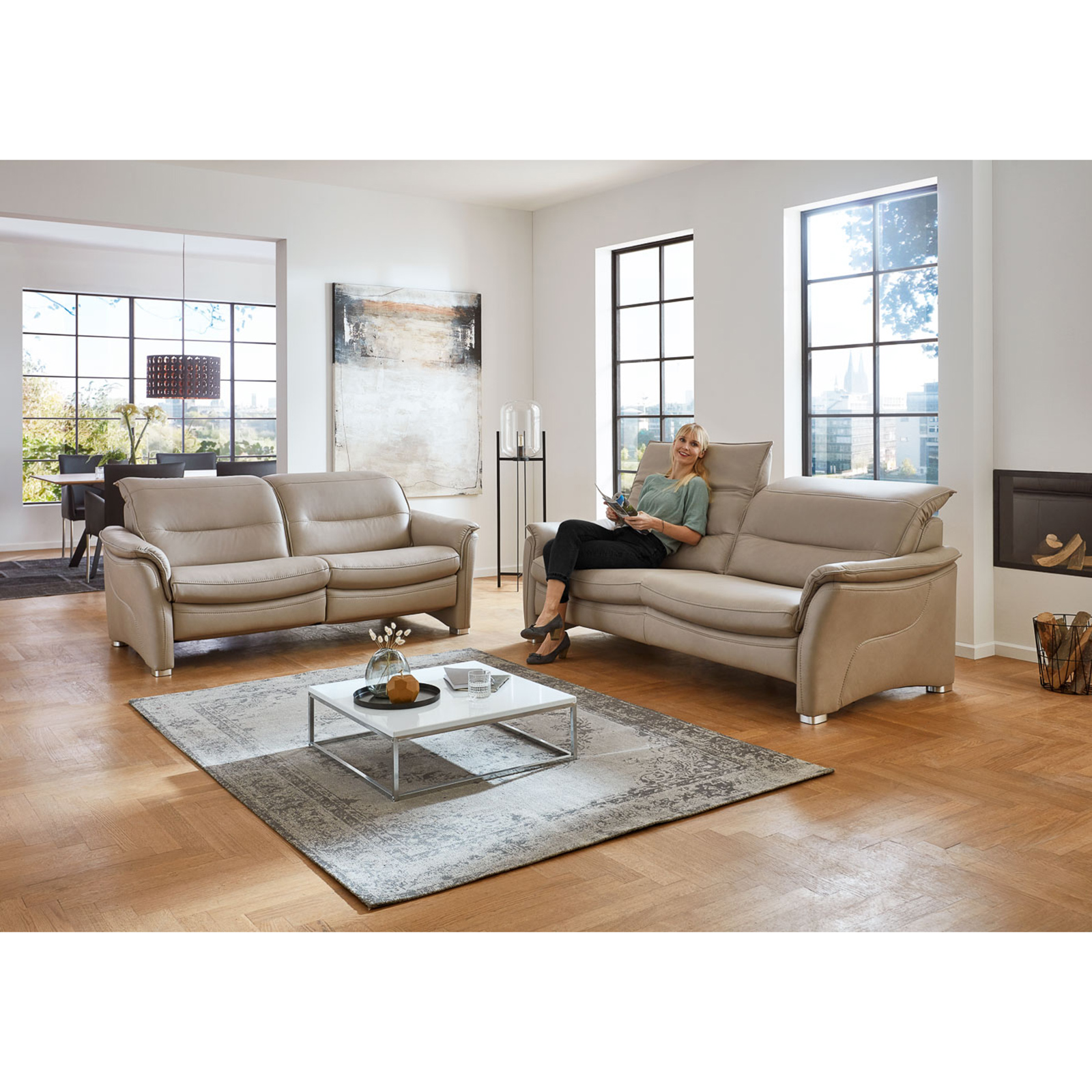 3-Sitzer-Ledersofa - pearl - Basismodell