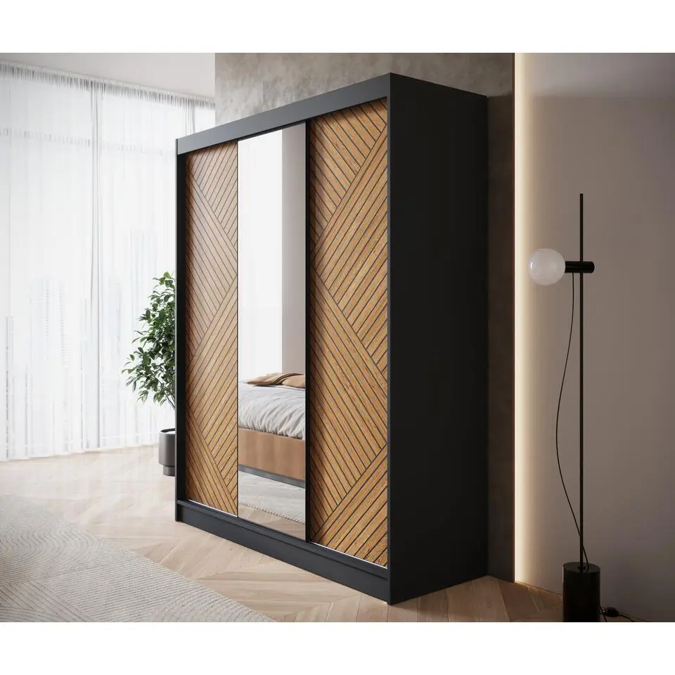 Meubella - Kledingkast Macerata - Zwart - 180 cm - Met spiegel