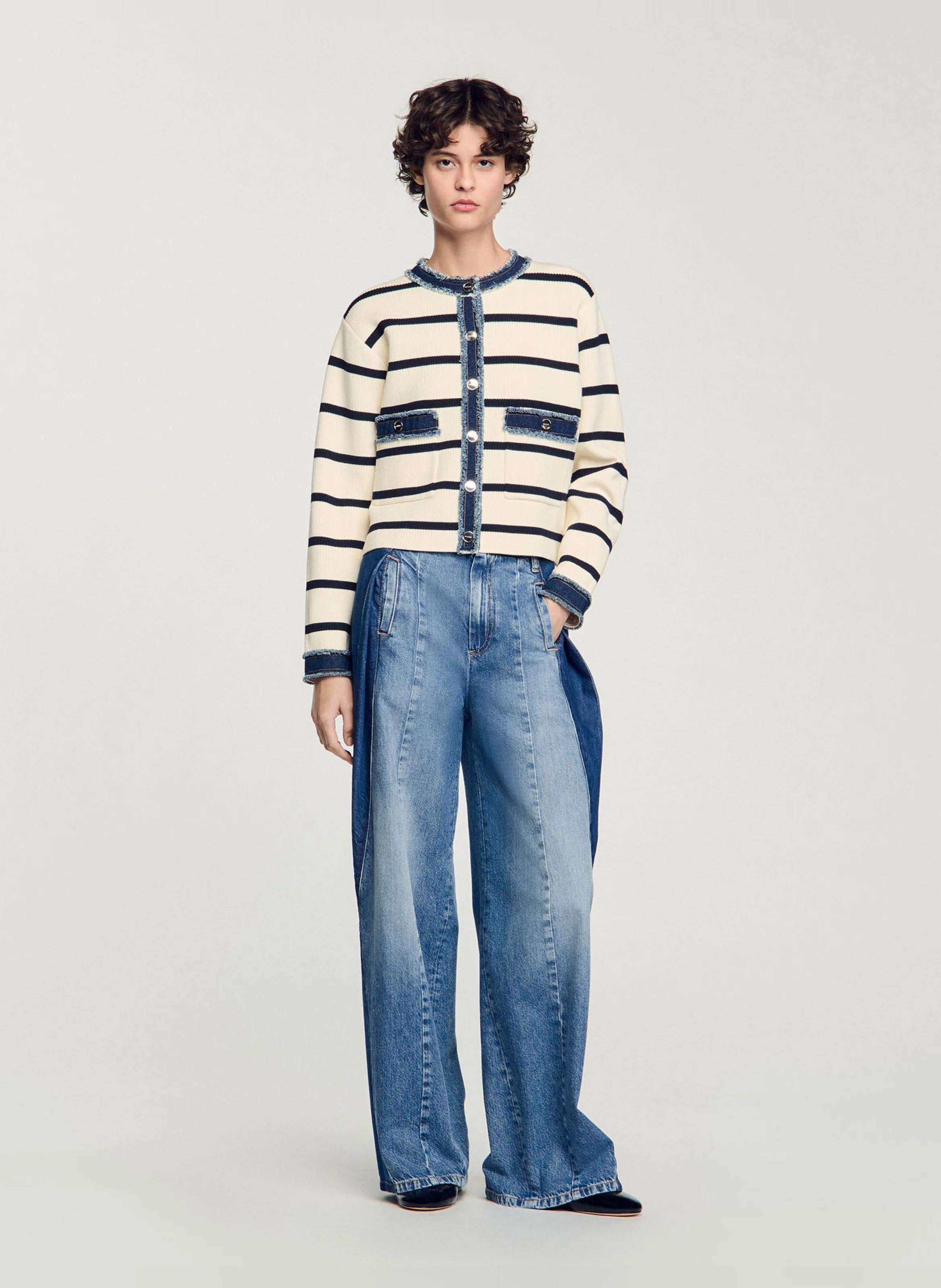 Cardigan rayé à détails denim | Blanc