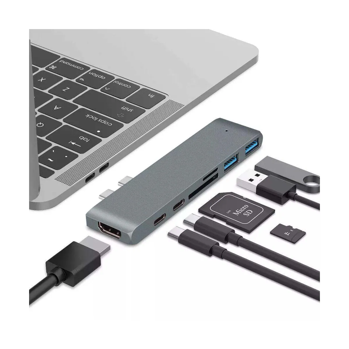 NÖRDIC 2 til 7 USB-C dokkingstasjon for dobbel skjerm for MacBook Pro og Air 1xHDMI 4K30Hz 1xThunderbolt 3xUSB-C 5K60Hz 40G 1xUSB-C 100W PD