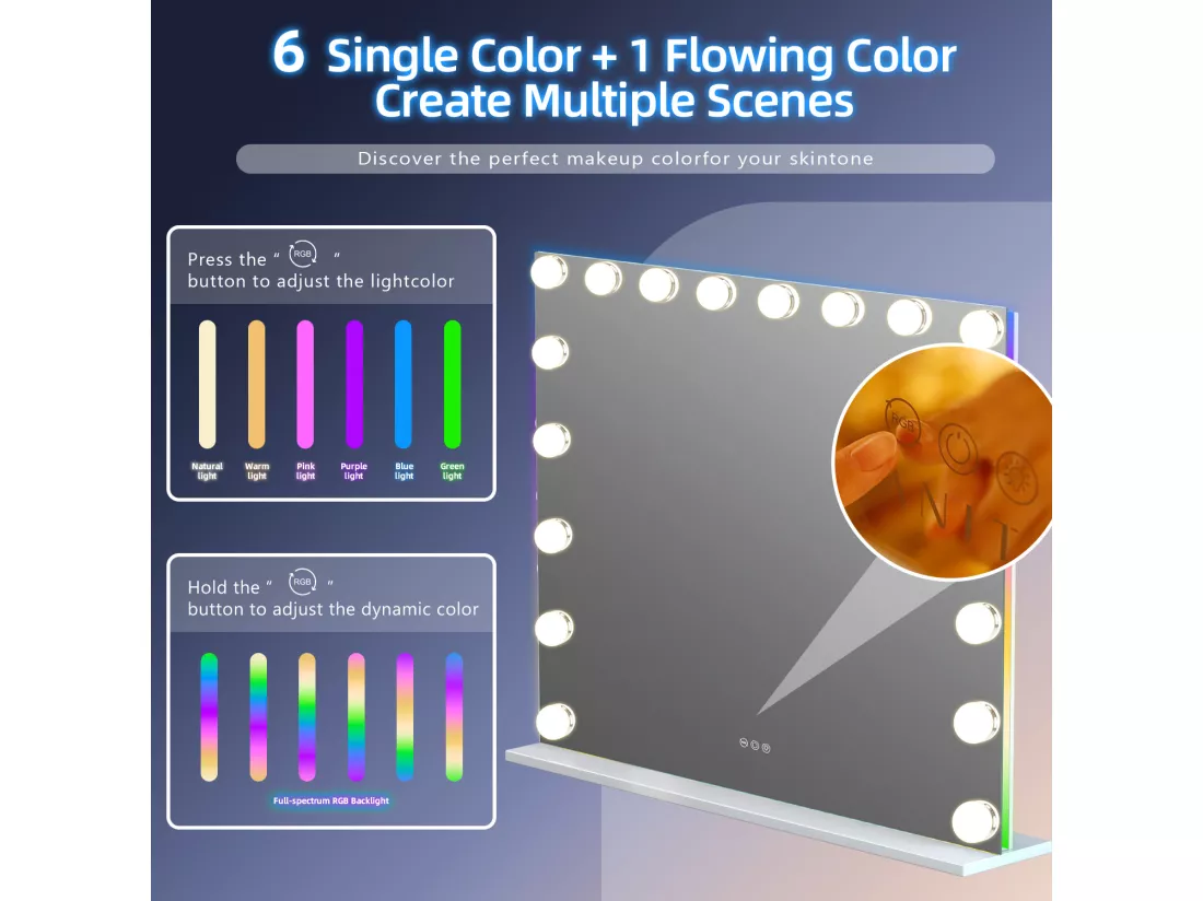 Miroir de maquillage hollywood coiffeuse mural avec lumière 80x58cm - Bande de LED RGB