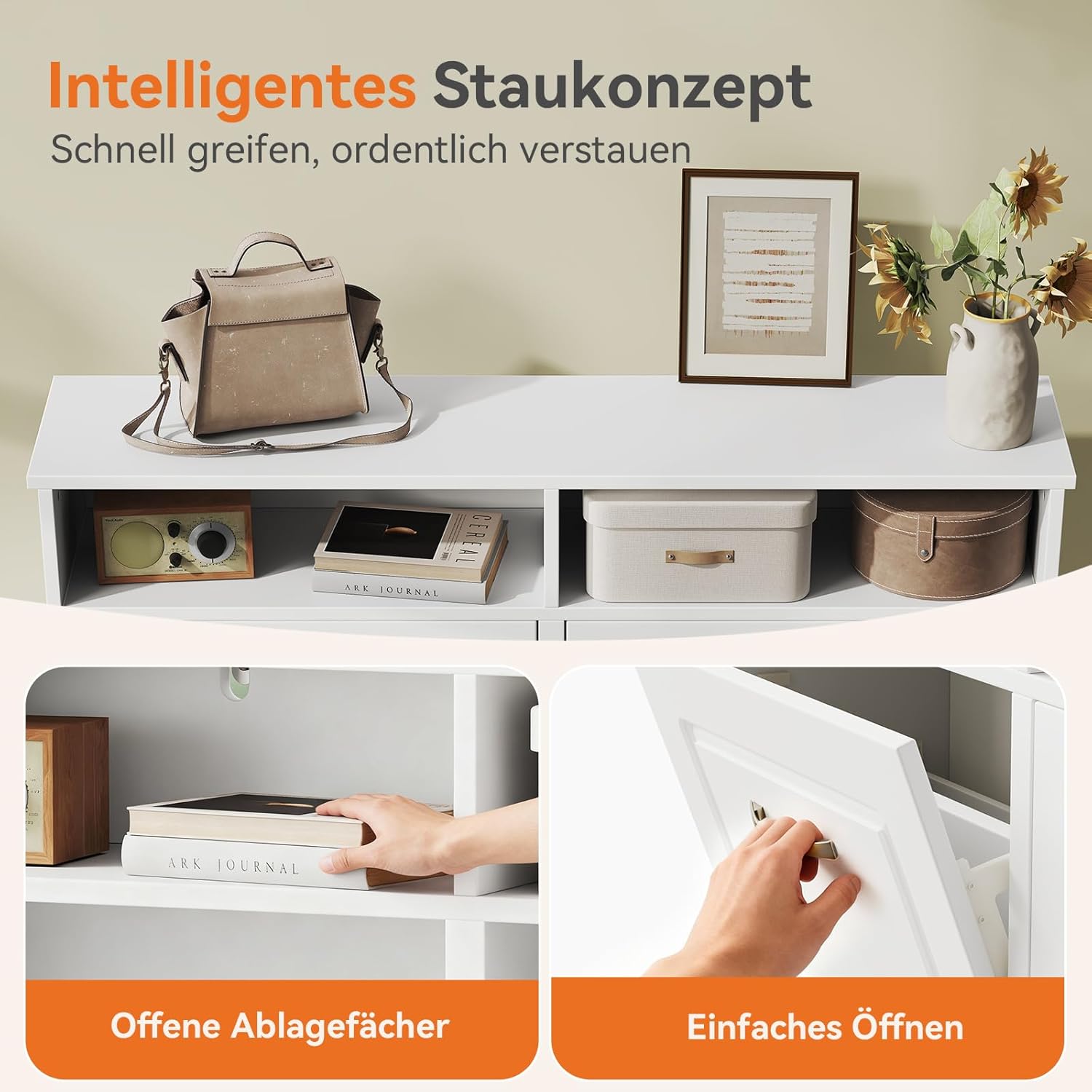 Sweetcrispy Schuhschrank mit 4 Klappen, schmaler Schuhkipper mit offenen Ablagefächern, verstellbare Trennwände, platzsparend für Flur/Diele/Eingang, 104 x 90 x 24 cm, Weiß