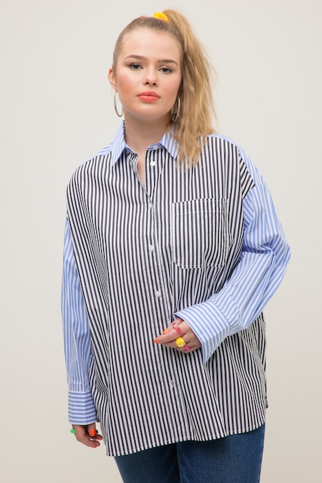 Hemdbluse, oversized, Patch Look, Hemdkragen, Langarm, Streifen
