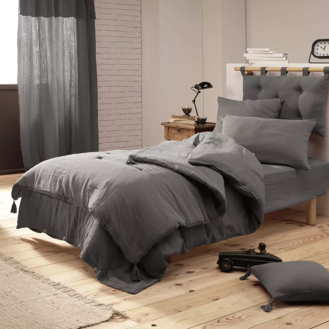 Drap housse gaze de coton (90 x 190 cm) Gaïa Gris granit