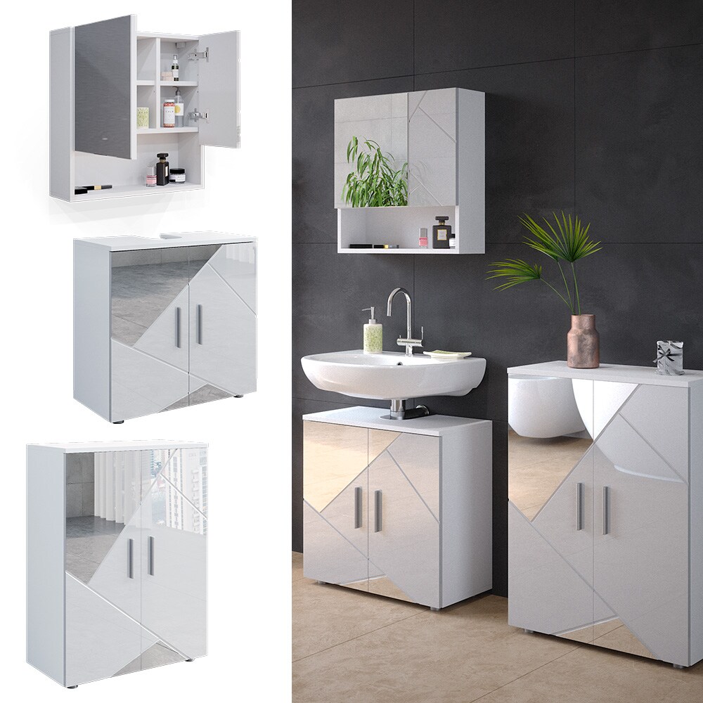 Vicco Badmöbelset mit Dekospiegeln Irma Weiß Hochglanz modern Badezimmerschrank Badschrank Badezimmermöbel Waschtischunterschrank Spiegelschrank Kommode Schranktür Schrankfach Schrankschublade